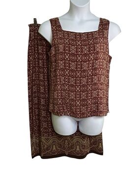 Charter Club Women’s Print Maxi Skirt Set 100% Silk Sleeveless Burgundy Sz 16